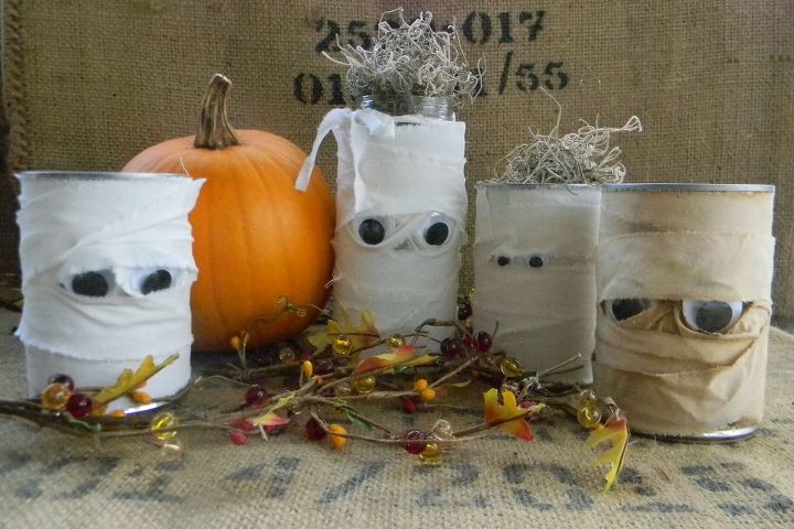 mummy treat cans from the recycling bin, crafts, halloween decorations, repurposing upcycling, seasonal holiday decor
