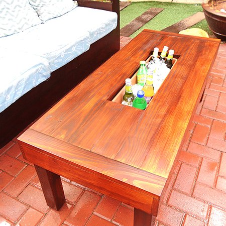 outdoor table with ice cooler box