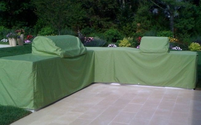grill island covers, outdoor living, Full length custom green double grill and island coverings