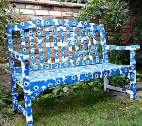 easy to make a marimekko bench using paper napkins, decoupage, outdoor furniture, painted furniture, repurposing upcycling