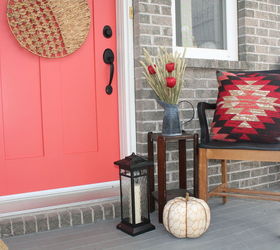 bringing fall to your front porch even with a pink door, curb appeal, doors, painted furniture, porches