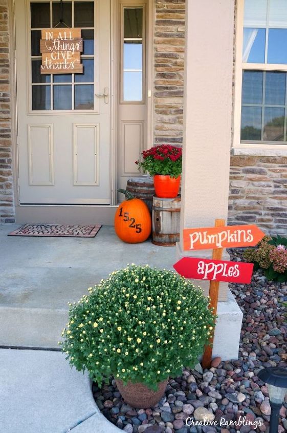 painted house number pumpkin and fall front porch, crafts, porches, seasonal holiday decor