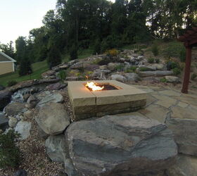 natural stone fire pit, concrete masonry, landscape, outdoor living
