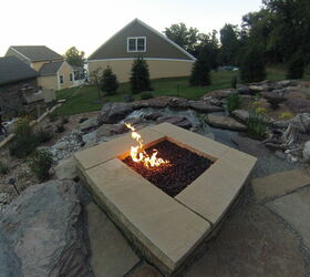 natural stone fire pit, concrete masonry, landscape, outdoor living
