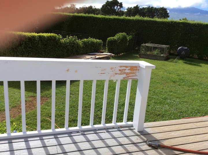 how to remove bad paint job on deck railings, Photo of scraped paint The painters tried to just use filler to fix areas I want the whole thing done properly Am l crazy but should they not have used oil based paint on a deck that is rained on every afternoon I live in Hawaii