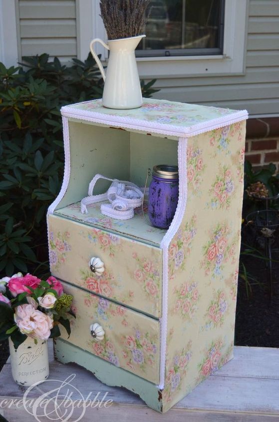 s 30 jaw dropping furniture flips you have to see to believe, painted furniture, Chipping Nightstand Goes Charming with Fabric