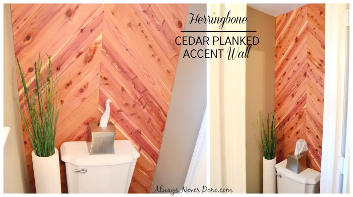 cedar planked herrinbone bathroom wall, bathroom ideas, diy, small bathroom ideas, wall decor, woodworking projects