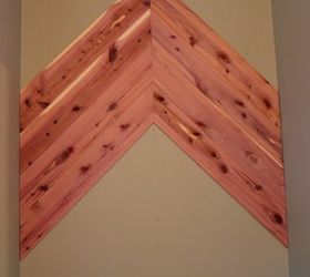 cedar planked herrinbone bathroom wall