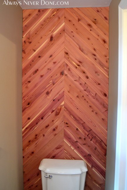cedar planked herrinbone bathroom wall