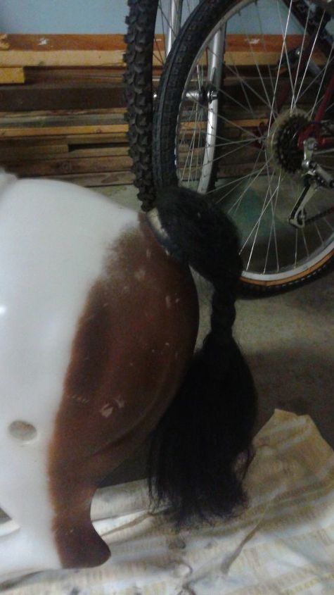 q does anyone know how to make a mane and tail for hedstrom spring horse, how to, painted furniture, repurposing upcycling, Tail seems to be real horse hair