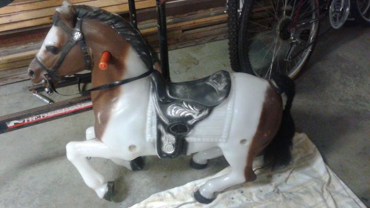 q does anyone know how to make a mane and tail for hedstrom spring horse, how to, painted furniture, repurposing upcycling, Mane removed but was like the tail sewn into fabric and then glued and stapled to horse