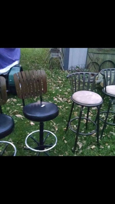 q ideas to update bar stools, painted furniture, repurposing upcycling, How to update bar stools Would like black frame one on right should be easy but not sure what to do with one on left