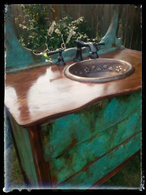 sk s copper patina and oak bath vanity, bathroom ideas, chalk paint, painted furniture, painting, repurposing upcycling, woodworking projects