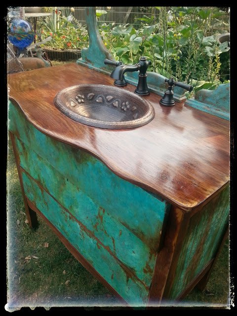 sk s copper patina and oak bath vanity