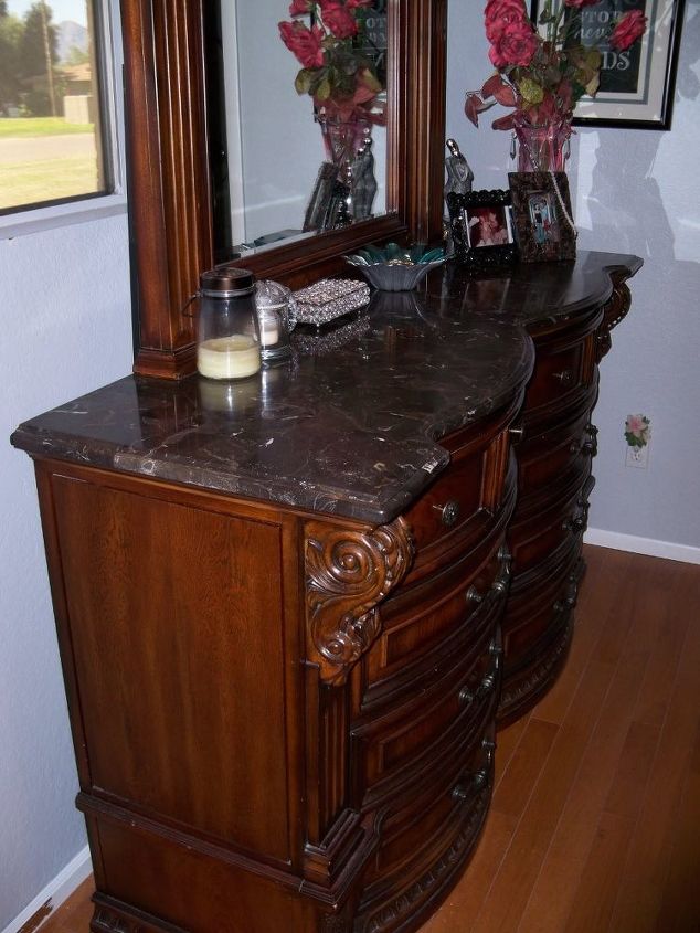 q marble dressertops have lost their shine need help, cleaning tips, furniture refurbishing, repurposing upcycling, Here is a picture of the whole beautiful dresser showing the top