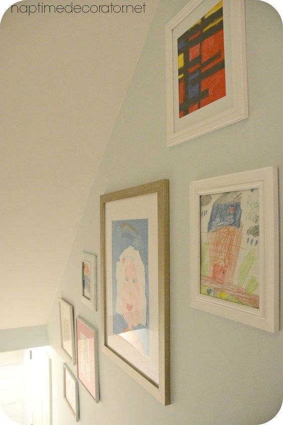 kid art gallery wall, home decor, stairs, wall decor