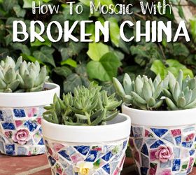 mosaic pots with broken china, container gardening, crafts, gardening, succulents