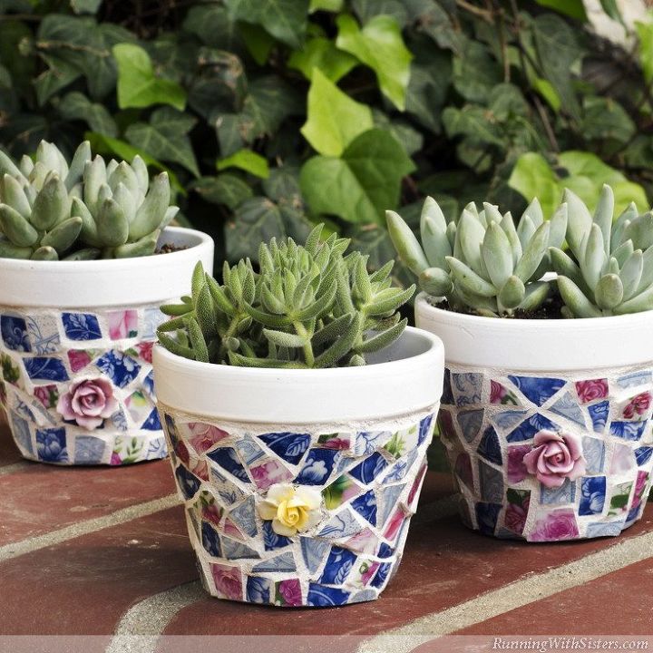 mosaic pots with broken china, container gardening, crafts, gardening, succulents