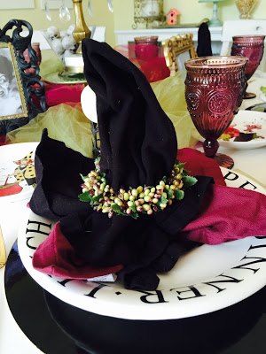 witchy tablescape for halloween, halloween decorations, seasonal holiday decor, Witch tablescape Witch hat napkins
