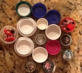 bottle cap magnets, crafts, repurposing upcycling, Gather an assortment of plastic caps