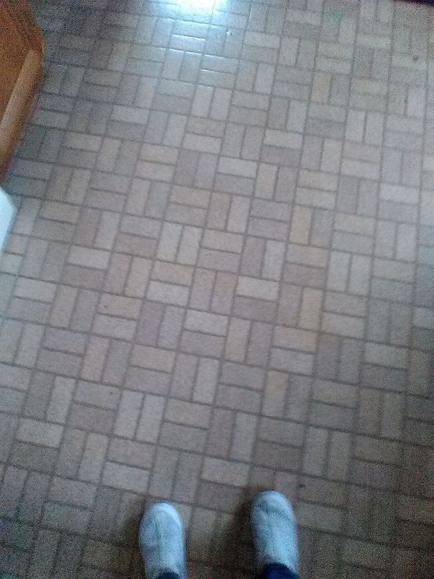 q kitchen floor, cosmetic changes, flooring, home improvement, painting over finishes, this my old outdated floor it also has spots like small tears
