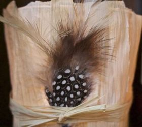 diy fall votive with cornhusks and feathers, crafts, seasonal holiday decor