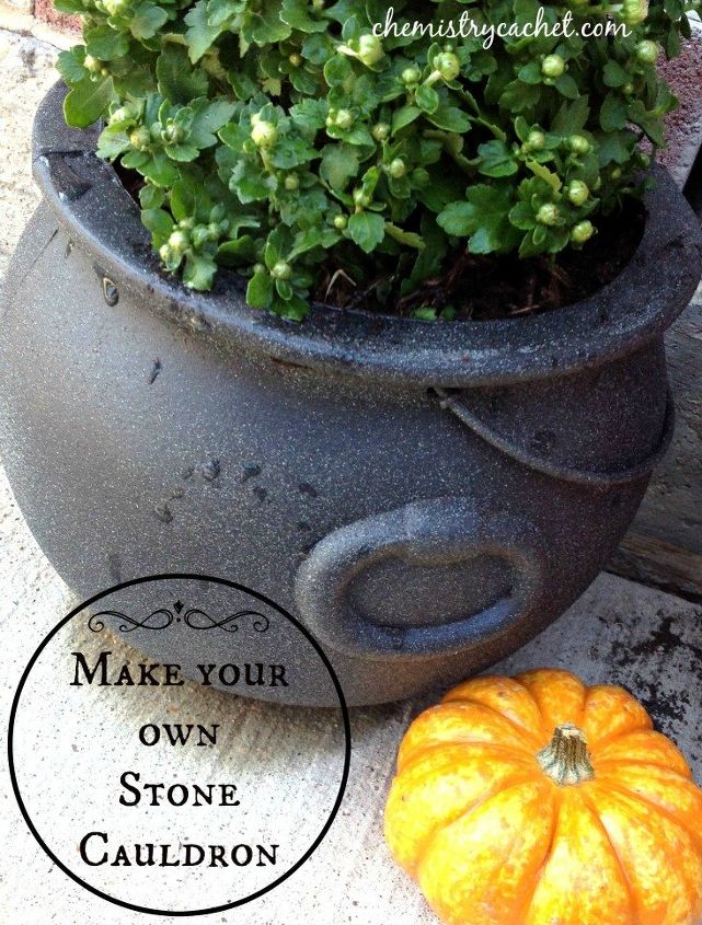 turn 0 97 plastic cauldron into a stone planter, crafts, repurposing upcycling
