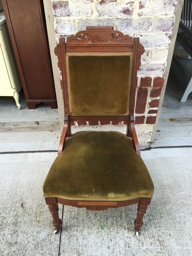 what do you do with an outdated chair and a men s flannel shirt look, painted furniture, repurposing upcycling, Before