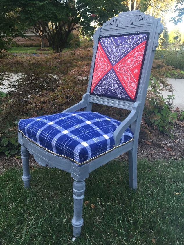 what do you do with an outdated chair and a men s flannel shirt look, painted furniture, repurposing upcycling