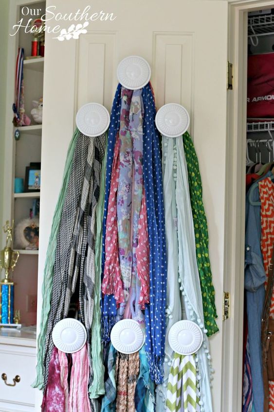 thrift store scarf organizer, organizing, repurposing upcycling