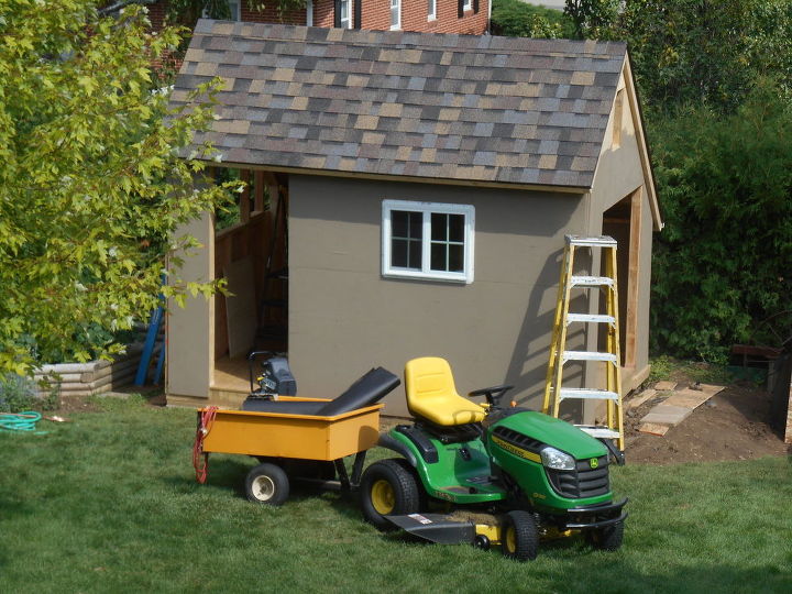 the cutest potting shed ever, diy, gardening, home improvement, outdoor living, woodworking projects, Roof is on and painted plywood for protection