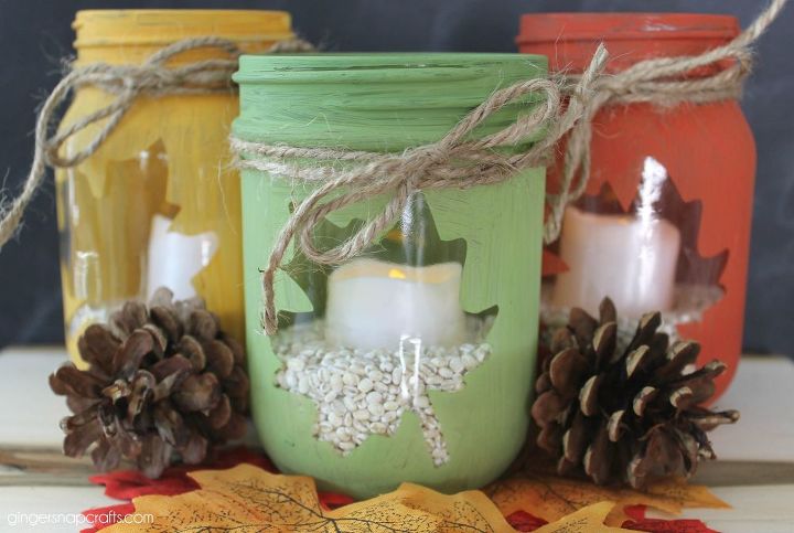make your own stenciled leaf jars, chalk paint, crafts, how to, seasonal holiday decor