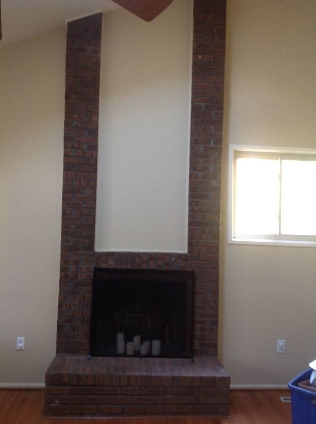 what to do about brick fireplace, Brick fireplace with 6 7 brick columns The wall is 17 wide and over 10 high The fireplace is off centered and has a framed window to the right