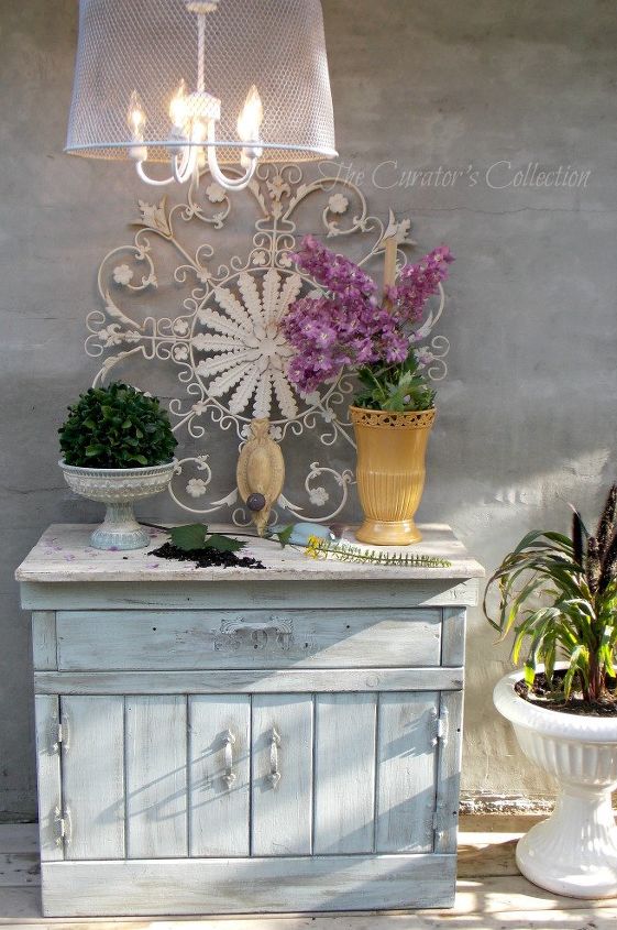 a potting bench a diy chandelier, lighting, outdoor furniture, painted furniture, repurposing upcycling