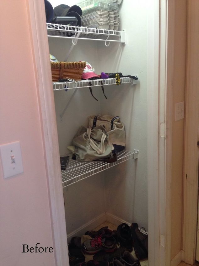 closet into mudroom makeover for less than 30, closet, diy, foyer, repurposing upcycling, storage ideas, Embarassing right