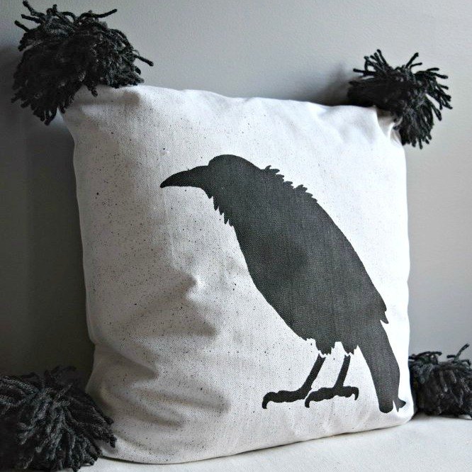 s 15 cute and creepy throw pillow designs you can paint this minute, crafts, halloween decorations, home decor, seasonal holiday decor, Add a Tasseled Crow Design