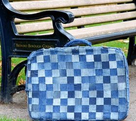 upcycle an old suitcase with jeans to create some fun storage no sew, crafts, decoupage, repurposing upcycling