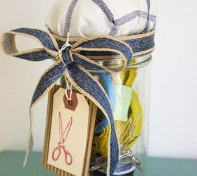 s the 10 most amazing mason jar ideas of the season, mason jars, seasonal holiday decor, Sewing Kit Cushion