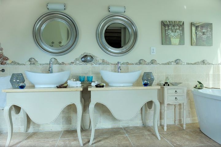 shells and pebbles brighten up a bathroom, bathroom ideas, wall decor, Grey and white shells to fit the room decor