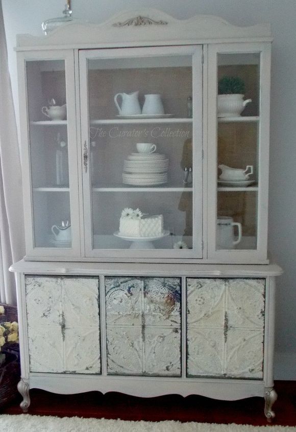 french china cabinet makeover with milk paint antique ceiling tiles, painted furniture