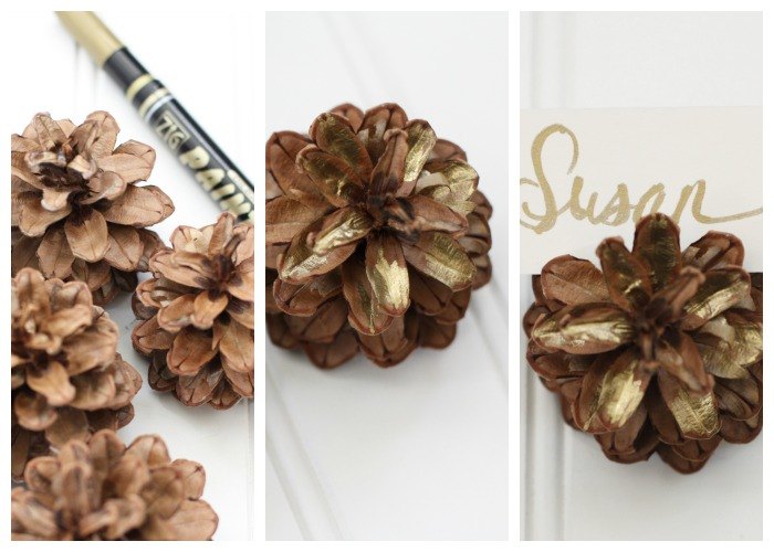 pinecone place card holders, crafts, seasonal holiday decor, thanksgiving decorations
