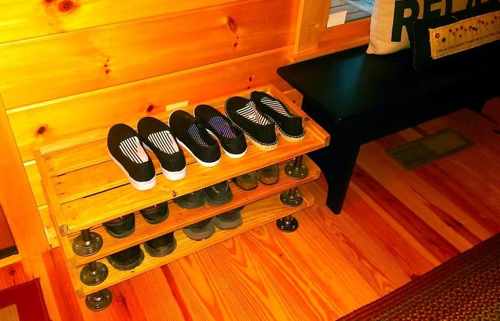 no more shoes littering the entry, diy, pallet, woodworking projects, Pallet wood and iron flanges and pipe shoe ra