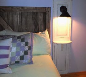 master bedroom up cycled bi fold doors turned reading light w shelf, bedroom ideas, diy, doors, painted furniture, repurposing upcycling, woodworking projects