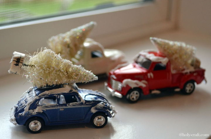 die cast car with snow and christmas tree, christmas decorations, crafts, seasonal holiday decor