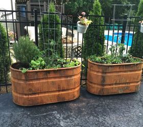 copper patina and rust container gardens, container gardening, repurposing upcycling, Summer container garden with rusted finish