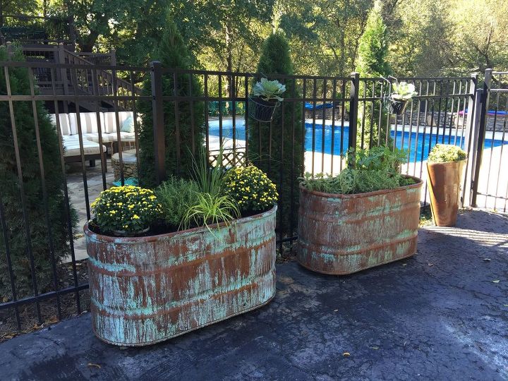 copper patina and rust container gardens, container gardening, repurposing upcycling, Copper Patina and Rust container gardens
