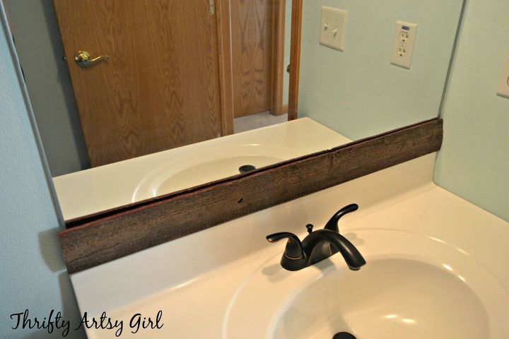 easy diy reclaimed wood frame on a builders grade mirror, bathroom ideas, repurposing upcycling, small bathroom ideas, woodworking projects