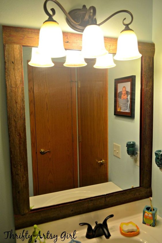 easy diy reclaimed wood frame on a builders grade mirror, bathroom ideas, repurposing upcycling, small bathroom ideas, woodworking projects