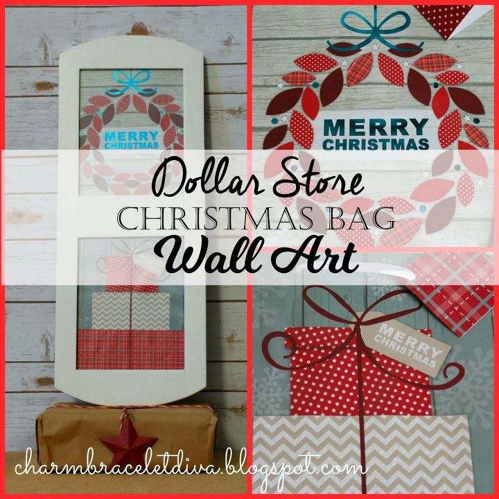 arte de pared con bolsas de regalo navidenas de la tienda del dolar