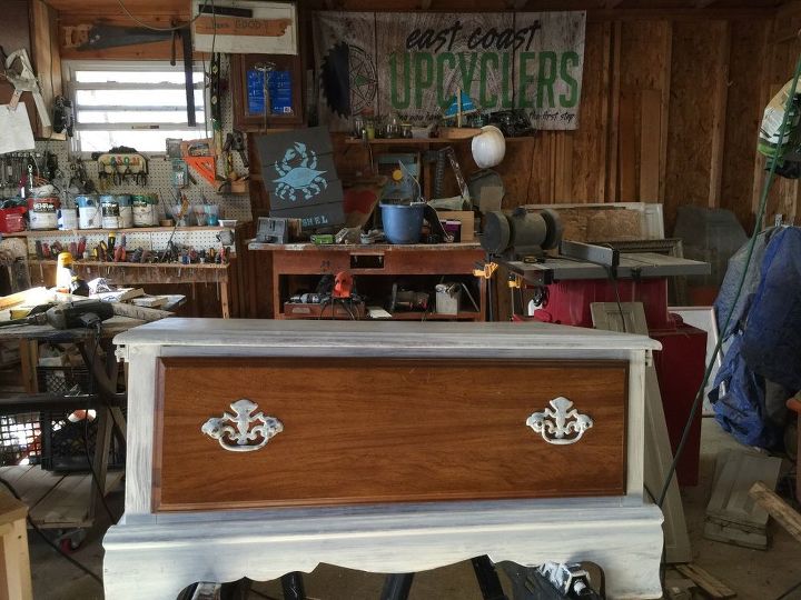 sentimental old dresser into a beautiful storage bench, outdoor furniture, painted furniture, storage ideas